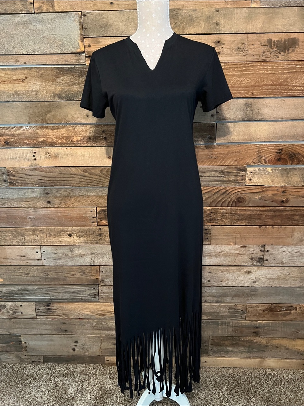 Women’s Upcycled Black Fringe-Hem Short Sleeve Black Knit Maxi Dress